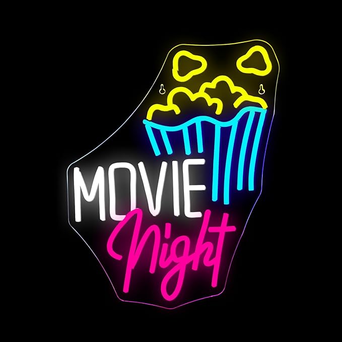 Lucunstar Movie Night With Popcorn Neon Sign, Room Lights for Wall Decor, Dimmable USB Neon Lights for Party, Theater Decor for Home