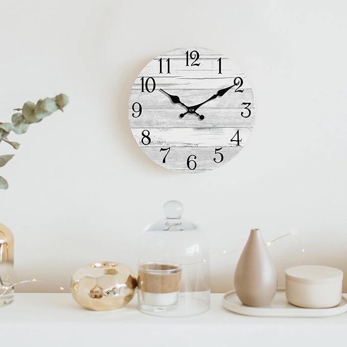 Wall Clock Battery Operated 12 Inch Gray Silent Non Ticking Country Rustic Design Vintage Retro Decorative for Bathroom Kitchen Living Room Bedroom