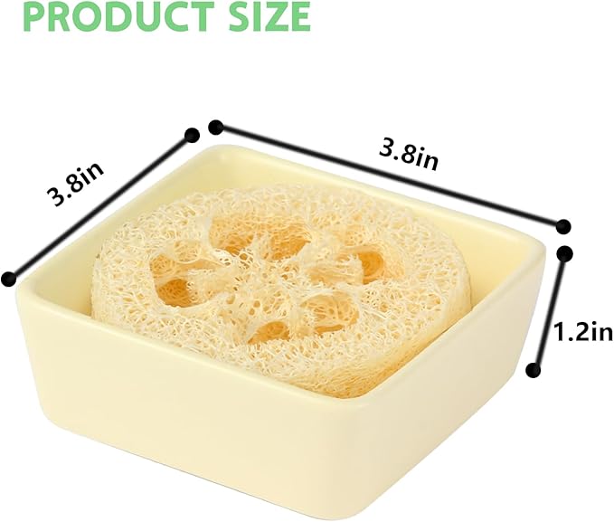 Soap Holder Square Ceramic with Natural Loofah Soap Rest, Bathroom Soap Dish Lisfting Pads, Quick Drying and Easy to Clean, Ideal for Square Soaps (Cream White)