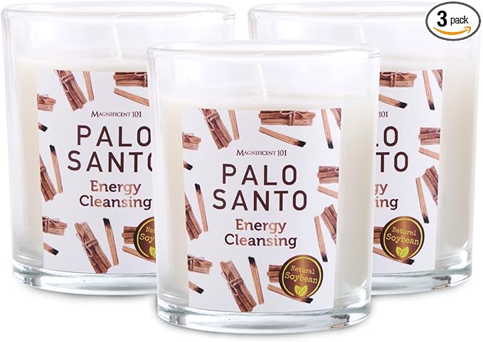 Magnificent 101 Set of 3 Long Lasting Palo Santo Smudge Candles, 42 Hour Burn - 3.5 Oz Each, Made with Soy Wax and Herb, Ideal for House Energy Cleansing, Meditation & Manifestation