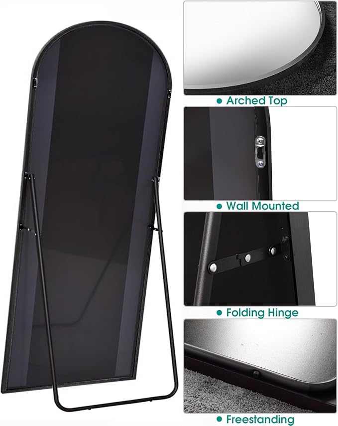 Full Length Mirror, Arched Floor Mirror with Stand, 26"x68" Oversized Floor Mirror, Wall Mirror Full Length Freestanding, Wall Mounted Mirror for Bedrooom Living Room, Black