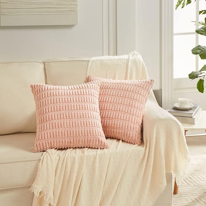 Fancy Homi 4 Packs Boho Pink Decorative Throw Pillow Covers 18x18 Inch for Living Room Couch Bed Sofa, Rustic Modern Farmhouse Home Decor, Soft Plush Corduroy Cute Square Cushion Case 45x45 cm