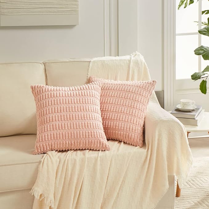 Fancy Homi 4 Packs Boho Pink Decorative Throw Pillow Covers 22x22 Inch for Living Room Couch Bed Sofa, Rustic Modern Farmhouse Home Decor, Soft Plush Corduroy Cute Square Cushion Case 55x55 cm