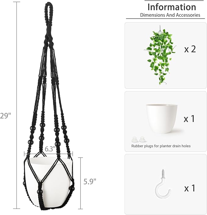 Mkono Fake Hanging Plant with Pot, Artificial Plants for Home Decor Indoor Macrame Plant Hanger with Fake Vines Faux Hanging Planter Greenery for Bedroom Bathroom Kitchen Office Decor (1, Black)