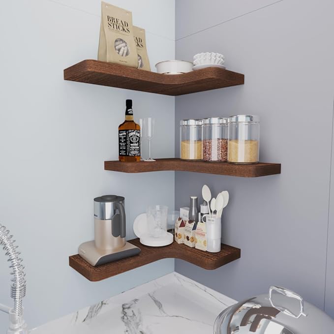 SAUMONIERES Corner Floating Shelves Wall Mount Shelf Solid Wood for Bedroom Bathroom Room Kitchen Storage Set of 3, Rustic Brown, Invisible Brackets