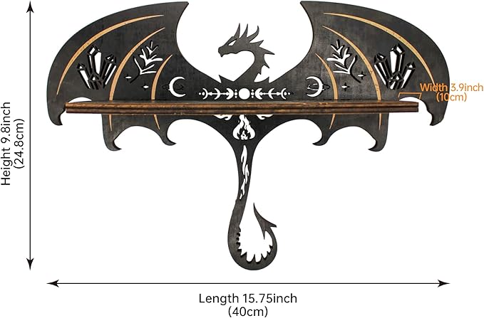 Gothic Evil Dragon Decor with LED Light Crystal Display Shelf for Wall, Wooden Witchy Shelf Rock Display Case Knick Knack Organizer Trinket Holder, Wall Hanging Shelves for Essential Oil & Nail Polish
