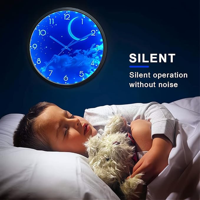 OCEST 12 Inch Night Light Wall Clock for Bedroom, Silent Battery-Operated Wall Clock Glow in The Dark for Living Room/Kitchen, Large Digital Display Kids Birthday Present-Moon