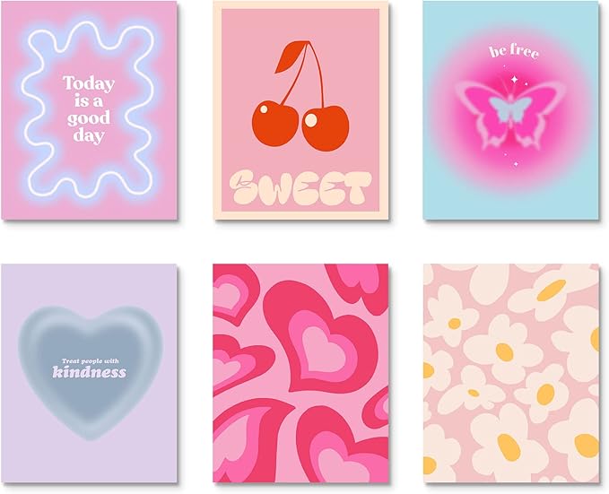 Habseligkeit Pink Gradient Aura Posters for Room Decor Aesthetic, Danish Pastel Cute Room Decor, Cozy Wall Art Prints for Girs Dorm Aesthetic Decor Unframed, 11x14in, Set of 6