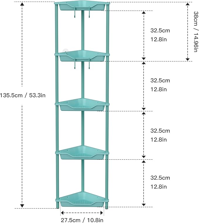 Orimade Rustproof 5 Tier Floor Standing Corner Shower Caddy Organizer, Plastic Metal Splicing Floor Corner Shelf Rack Stands for Bathroom, Blue