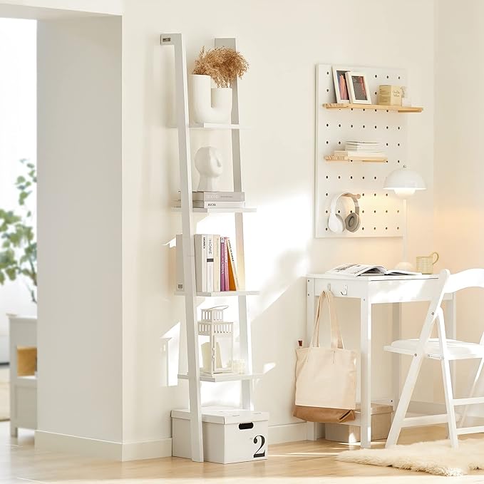 Haotian Ladder Shelves, 4-Tier Storage Display Organizer Rack, Wall-Leaning Bookshelf, Wooden Wall Shelf for Bathroom Living Room Study Room, White FRG15-W