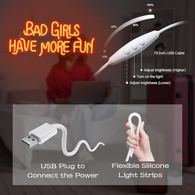 NOSUN Bad Girls Have More Fun Neon Sign for Wall Decor - Red LED Light Up Sign With USB for Bar, Party, Club, Bedroom - Girls Neon Decorations
