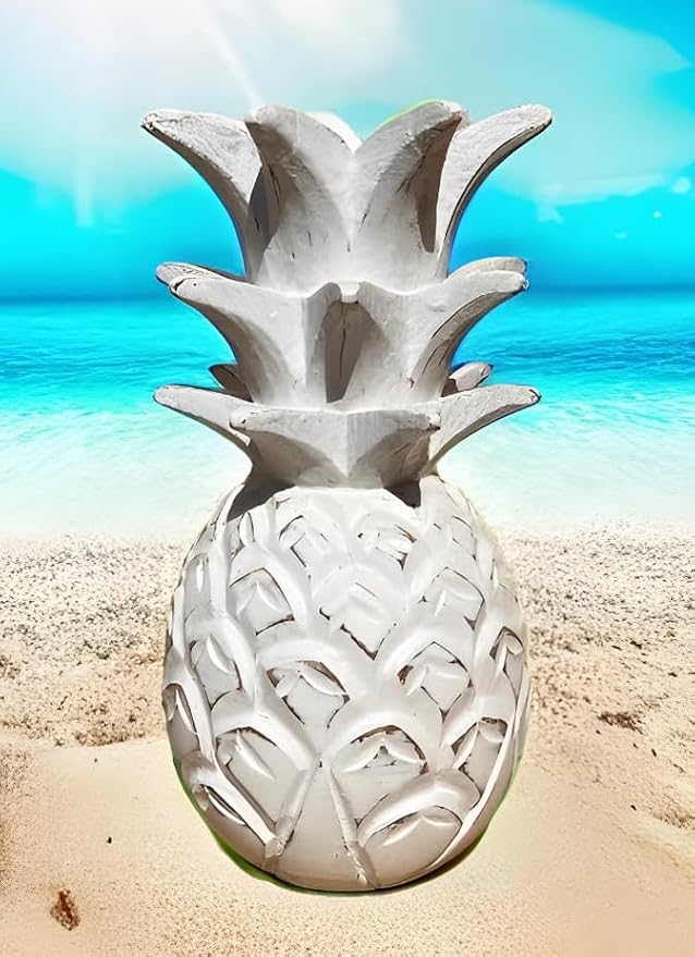 9 1/2" Solid Wood Pineapple Decor - Tabletop Bar Counter Decorative Tropical Art Display Sculpture - White Distressed Finish