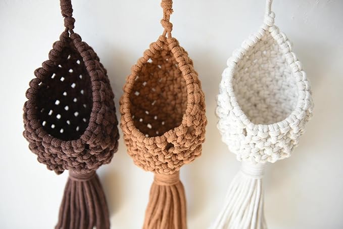 Macrame Basket Decor Set of 3 Boho Basket Decor for Home Macrame Wall Hanging Storage Baskets for Living Room, Bedroom, Entryway Handmade Boho Art, Rustic Home Decor Basket 