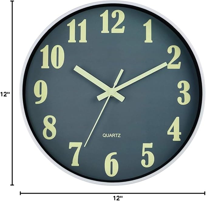 JoFomp Glow in The Dark Clock, 12 Inch Modern Silent Non Ticking Wall Clocks Battery Operated, Night Light Wall Clock for Living Room Decor, Wall Clock Decorative for Kitchen Bedroom (Grey)