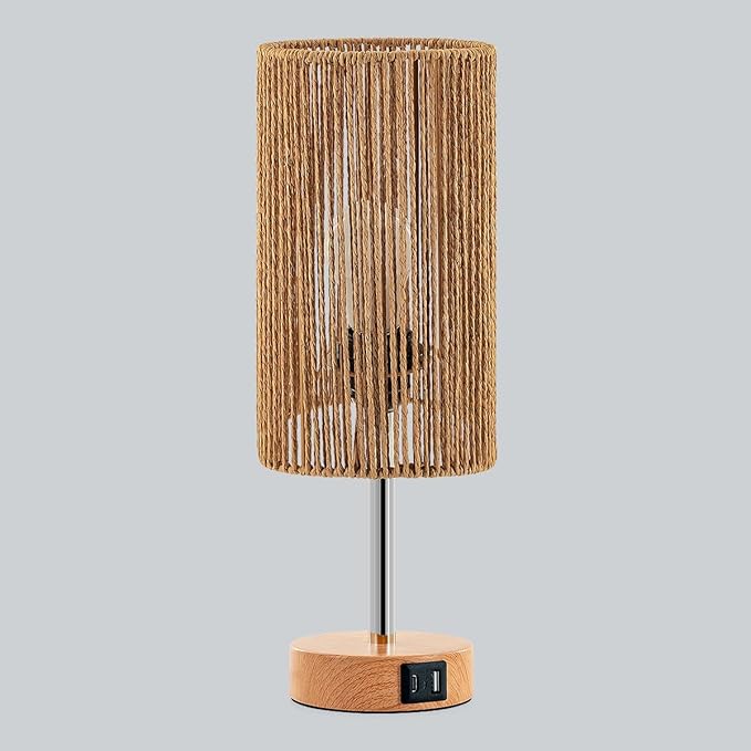 Yarra-Decor Bedside Lamp with USB Port - Touch Control Table Lamp for Bedroom (Rattan)