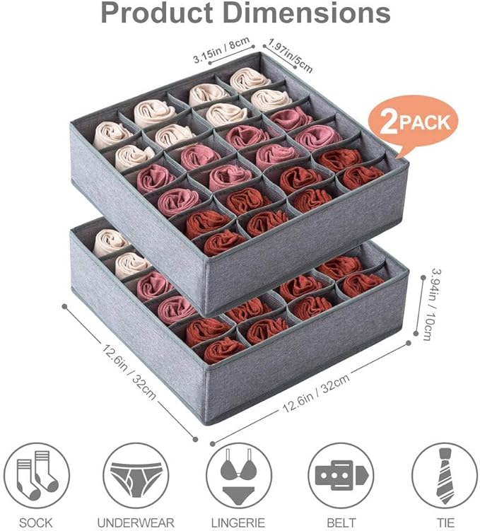 Qozary 2 Pack Socks Underwear Drawer Organizer Divider, 24 Cell or 16 Cell Collapsible Cabinet Closet Organizer Storage Boxes for Clothes, Socks, Lingerie, Underwear, Ties