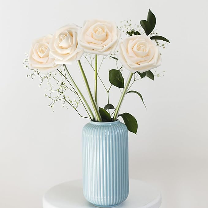 200PCS Artificial Flowers Champagne Roses Real Looking Foam Fake Roses with Leaves and for DIY Wedding Bouquets Bridal Shower Centerpieces Party Decorations (Champagne, 200)
