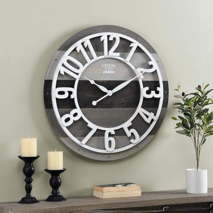 FirsTime & Co. Gray Shabby Planks Wall Clock, Large Vintage Decor for Living Room, Home Office, Round, Wood, Farmhouse, 27 inches