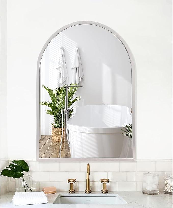 Arched Bathroom Mirror, Silver Metal Frame Wall Mounted Mirror Vanity Wall Mirror for Bedroom Entryway Living Room Vanity 26"x18"