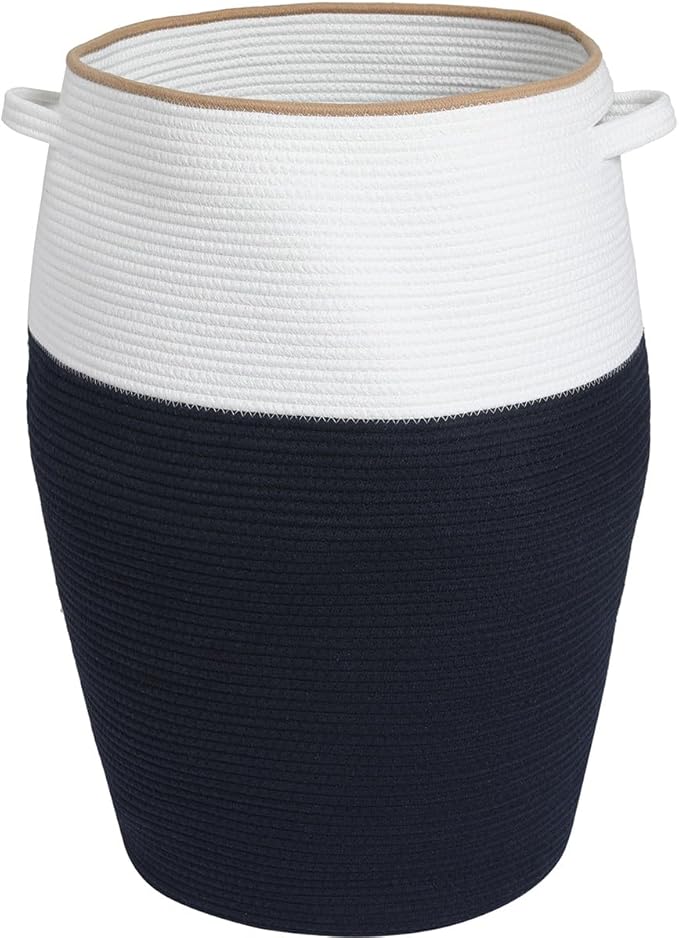 26" x 20" Tall Extra Large Storage Basket with Lid, Cotton Rope Storage Baskets, Woven Laundry Hamper with Cover, for Clothes Blanket in Living Room, Dark Blue/Beige Line