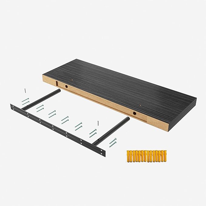 Floating Shelf, Set of 1 Wall Shelf, 24 in W x 12.75 in D x 2 in H Wooden Floating Wall Shelf with Invisible Brackets for Living Room/Bedroom/Bathroom/Kitchen Storage and Decor, Black Wood