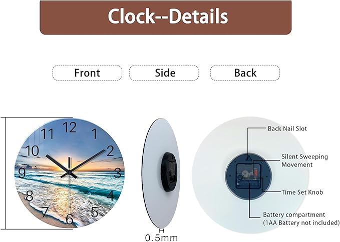 Blue Beach Wall Clock for Kitchen 14 Inch Round Coastal Clocks for Walls Analog Glass Wall Clock Non Ticking
