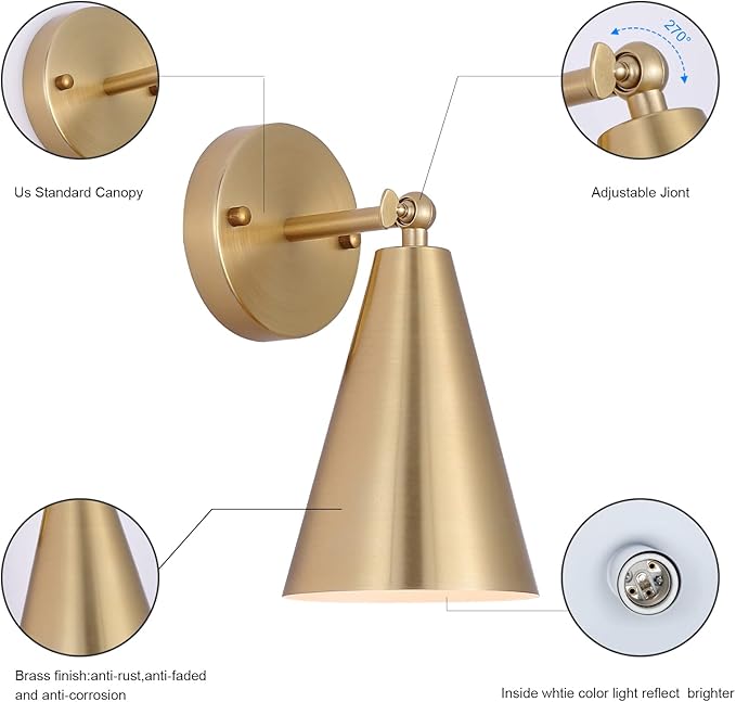 MWZ Gold Sconces Set of 2, Modern Brass Wall Sconces Lighting Fixtures with Metal Shade, Indoor Decor Wall Mount Swing Arm Lamp for Bedroom,Bedside,Kitchen,Hallway,Living Room,Reading,Bar
