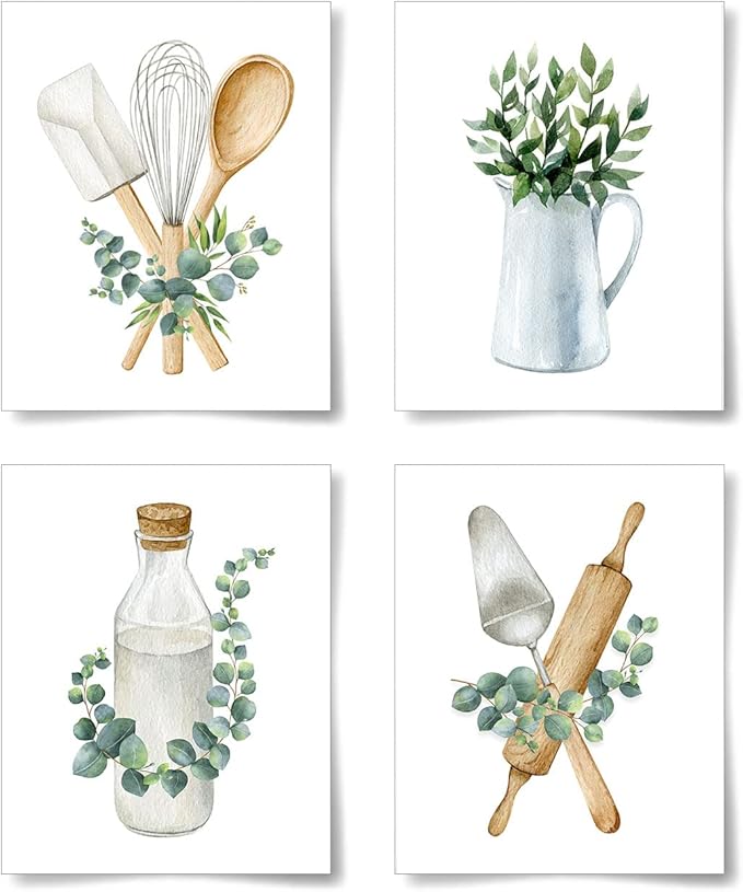 La Naranja Boho Kitchen Wall Decor Sage Green Plants Botanical Prints Eucalyptus Leaves Wall Art Minimalist Dining Room Artwork, Set of 4 Pictures, 8''x10'', UNFRAMED