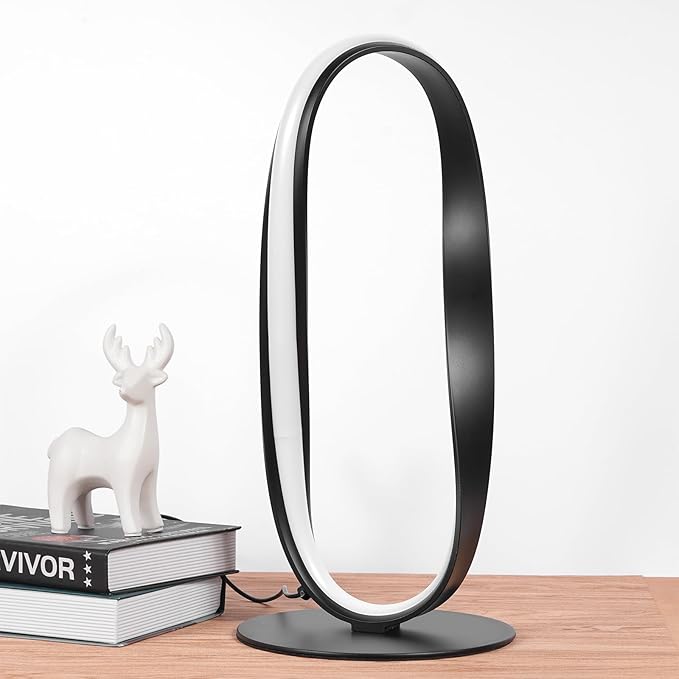 NUÜR Circle LED Table Lamp, 3 Color Temperatures Bedside Lamp for Living Room, Stepless Dimmable Bedside Table Lamp, Black Unique Nightstand Lamp for Bedroom, Home, Office