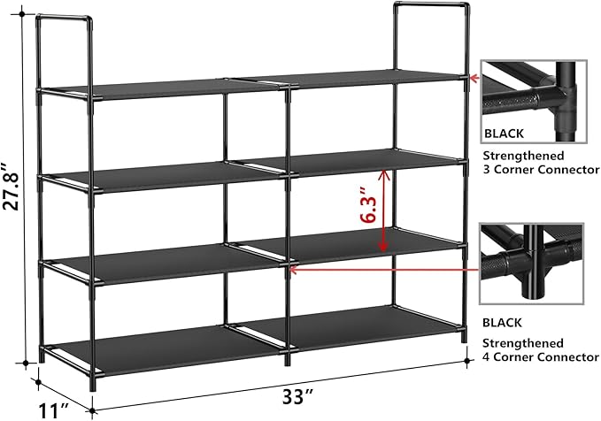 FIDUCIAL HOME 4 Tiers Shoe Rack Organizer 16-20 Pairs Stackable Shoe Storage Shelf Durable for Closet Entryway, Black