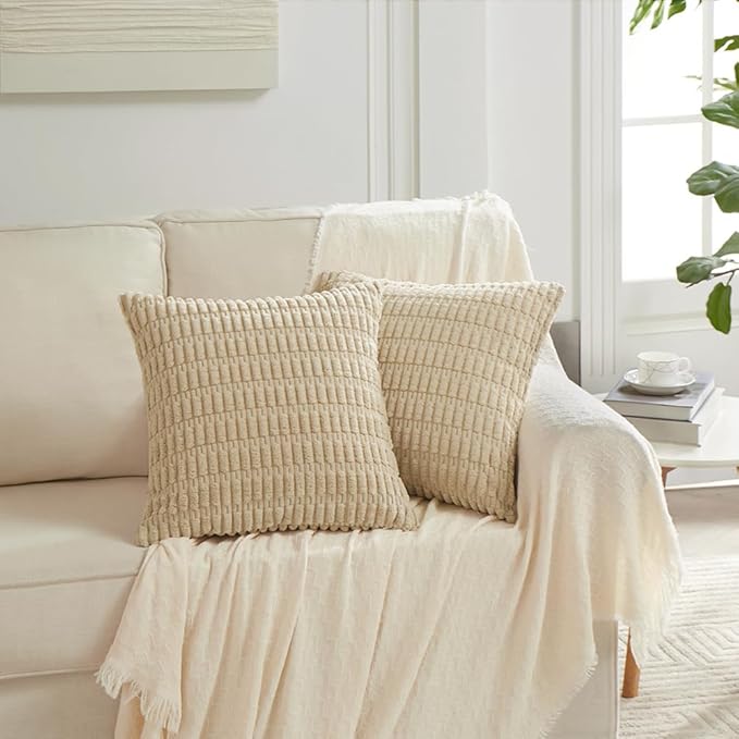 Fancy Homi 4 Packs Tan Decorative Throw Pillow Covers 16x16 Inch for Living Room Couch Bed Sofa, Beige Rustic Farmhouse Boho Home Decor, Soft Plush Striped Corduroy Square Cushion Case 40x40 cm