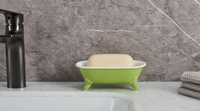 6.5" Ceramic Mini Decorative Clawfoot Bathtub Bar Soap Dish, Kitchen Sponge Holder and Shower Tray for Bathroom, 1 Pack(Lime)
