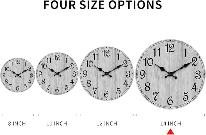 HYLANDA Wall Clock 14 Inch, Gray Wall Clocks Battery Operated Silent Non Ticking, Vintage Rustic Wooden Clocks Decorative for Kitchen Bathroom, Living Room, Bedrooms, Dining Room, Office (14")