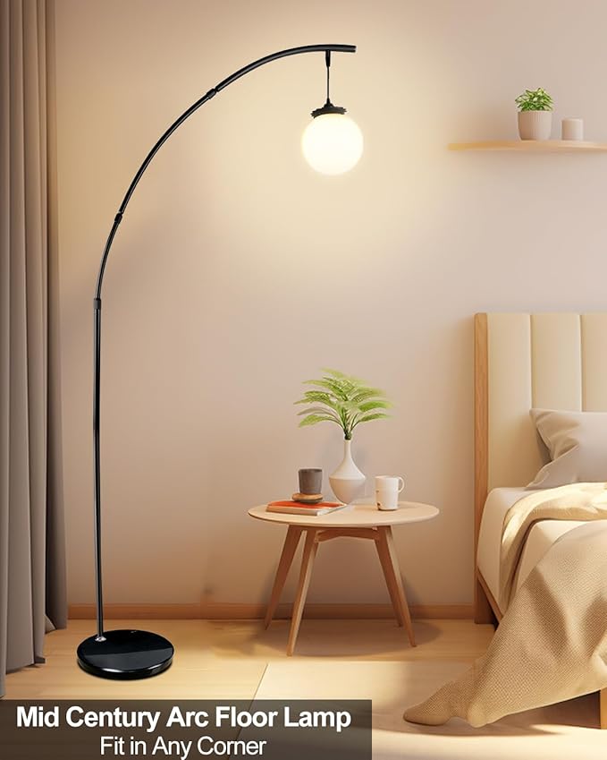 Lightdot Black Arc Floor Lamp for Living Room, 76Inch Tall Standing Lamp with Marble Base and Globe Bulbs Included, 3000K Warmwhite Modern Mid Century Floor Lamp for Bedroom & Home Office