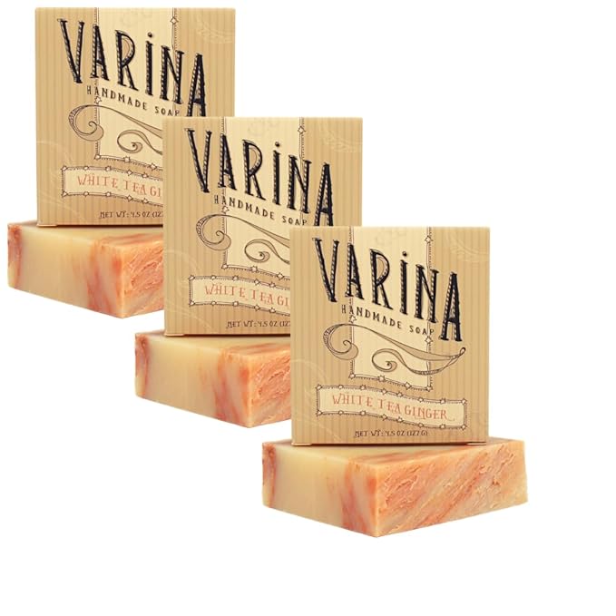 Varina Natural White Tea Ginger Bar Soap - Gentle Cleansing for Sensitive Skin, Floral - 3 Pack