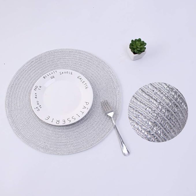 SHACOS Glitter Round Braided Placemats Set of 6 Sparkle Bling Placemats Glitz Table Mats for Home Holiday Party Wedding Festive Table Decoration (6, Silver)