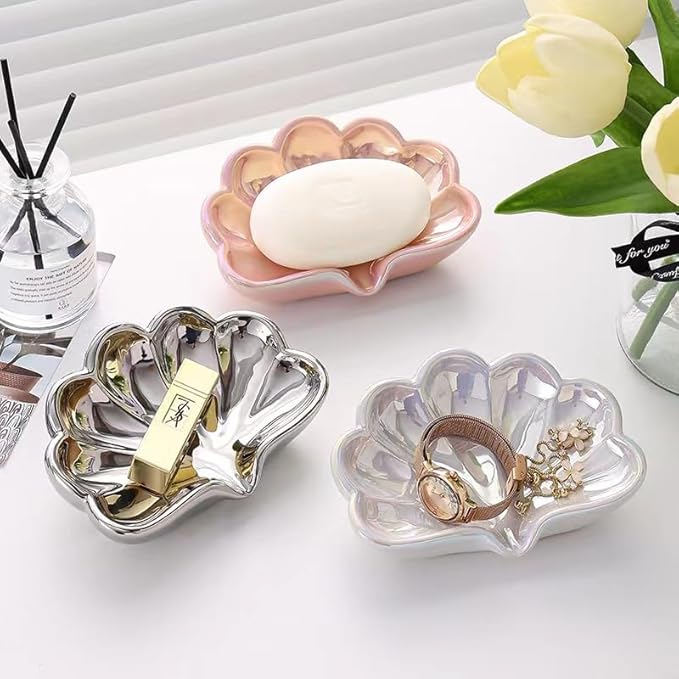Seashell Ceramic Soap Dish for Bathroom - Efficient Drainage System Prevents Soap Melting, Non-Slip Base with Jewelry Holder, Crack-Resistant Shower Safe Design (White)