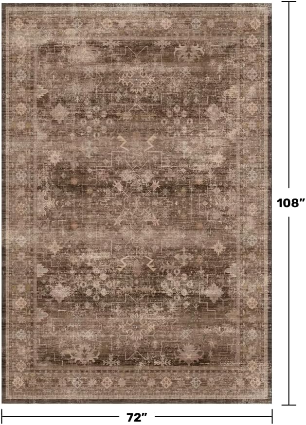 Taupe Brown Living Room Rug 6x9 - Vintage Traditional Eclectic Unique Neutral, Washable Low Pile Non-Slip Large Area Rugs for Dining Under Table Bedroom Lounge