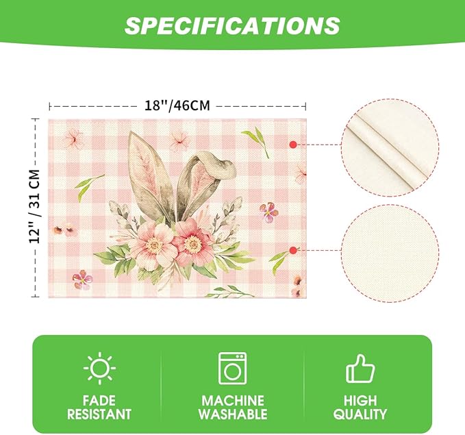 Artoid Mode Pink Buffalo Plaid Bunny Ears Flower Easter Placemats Set of 4, 12x18 Inch Seasonal Holiday Table Mats for Party Kitchen Dining Decoration