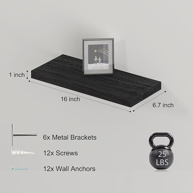 Floating Shelves Wall Shelf Solid Wood Mounted Storage for Bedroom Living Room Set of 3, Rustic Black Wall Shelves