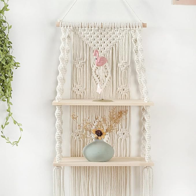 Macrame Wall Hanging Shelf Tassel Woven Macramé Shelves,Boho Wall Hanging Shelves for Small Plants Photo Frames,Home Living Room Bedroom Balcony Decor (2T)