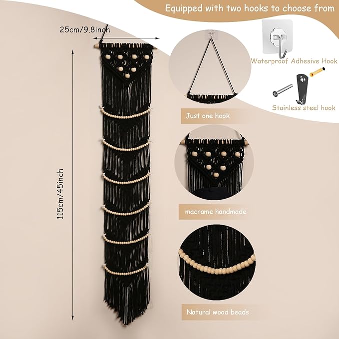 Ball Cap Hanger-1 Pack-Boho Macrame Cap Holder Wall Hat Organizer for Baseball Cap Holder Over Door, Hat Rack for Wall, Cap Rack for Decoration and Display(Black