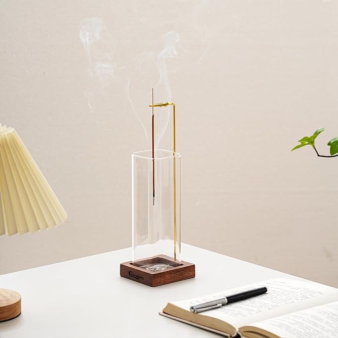 Incense Holder,2 Pack Wood Incense Holder for Sticks with Glass Ash Catcher,Incense Burner for Meditation Yoga Spa Room Decor
