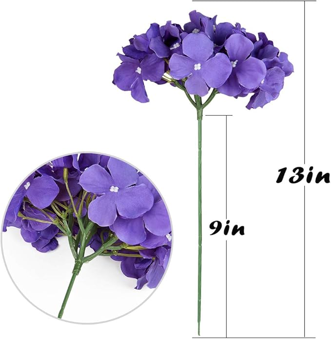 Flojery Silk Hydrangea Heads Artificial Flowers Heads with Stems for Home Wedding Decor,Pack of 10 (Purple)