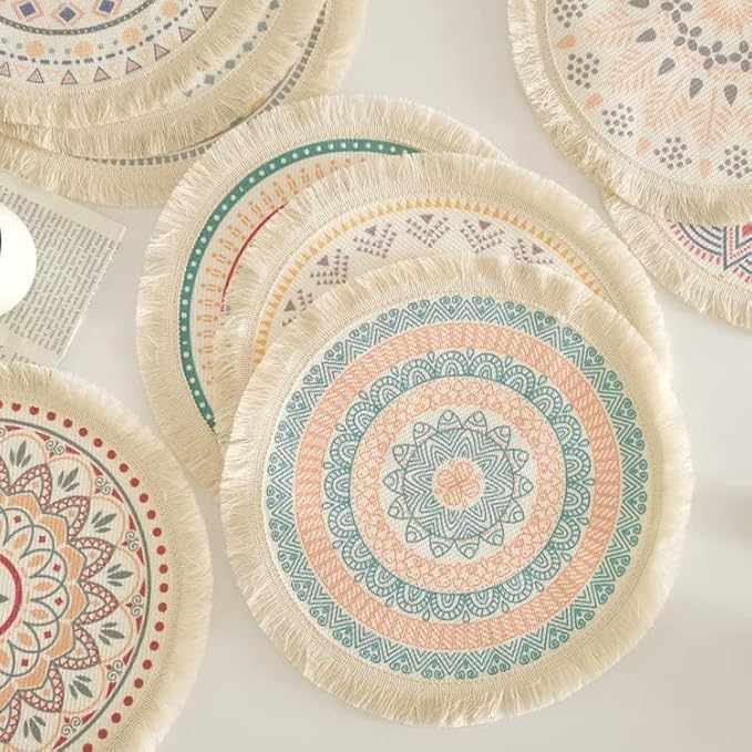 Kitchen Table Placemats Set of 6 with,Round HandmadeWoven Fringe Placemat,for Dining Room, Kitchen, Place Mats for Parties,Use-Size 13×13 Inches