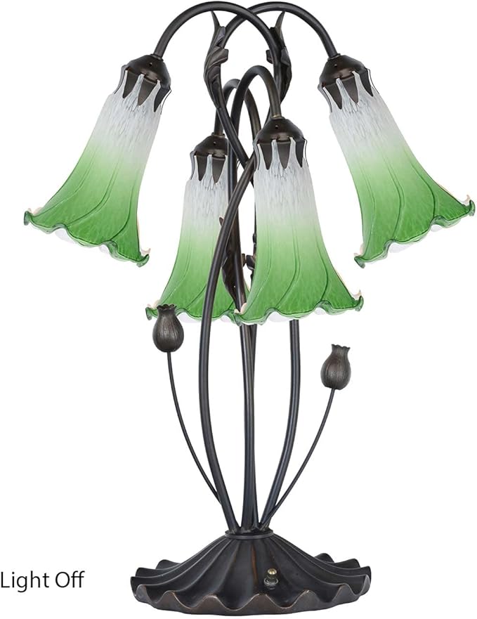 Bieye L10857 Lily Flower Blown Glass Accent Table Lamp for Living Room Bedroom Decoration (4-Light, Green)