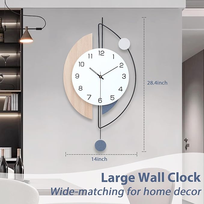 Wall Clock,Large Decorative Wall Clocks with Pendulum,Battery Operated Silent Quality Quartz Wall Clock for Living Room,Kitchen,Home,Bathroom,Bedroom Wall Decor,14x28.4inch