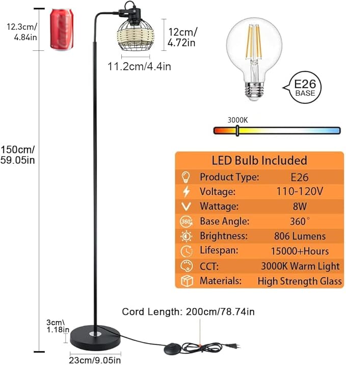 DLLT LED Floor Lamp, Adjustable Head Standing Lamp with Heavy Metal Based, Farmhouse Tall Rattan Floor Lamps Reading Lighting for Living Room, Bedroom, Study Room, Office, 8W 3000K E26 Bulb Included