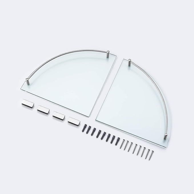 KES Glass Corner Shelf for Bathroom Corner Shelf 2 Pack Tempered Glass Shelf with Rail SUS 304 Stainless Steel Wall Mounted Brushed Finish, BGS2101A-2-P2
