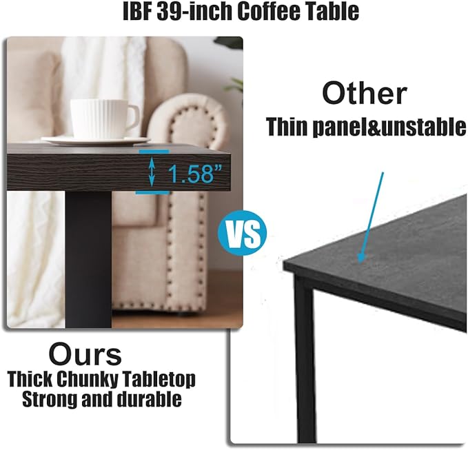 IBF Industrial Grey Coffee Table, Modern Simple Wood and Metal Center Tables, Minimalist Rectangle Wooden Living Room Table, Vintage Rustic Cocktail Tea Table for Home Bedroom, Dark Gray Oak, 39 inch